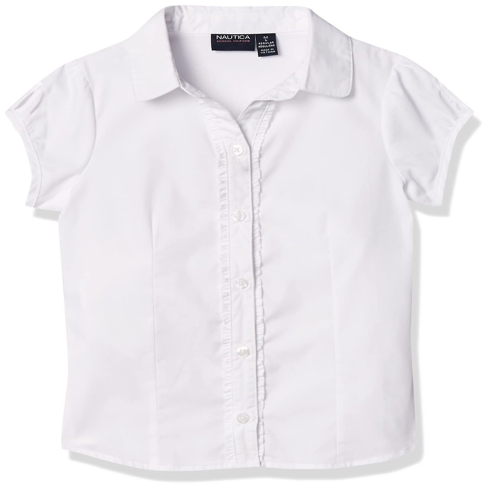 Nautica Girls School Uniform Short Sleeve Button Up Blouse, Ruffle Placket & Cap Shirt, White, 12-14 US