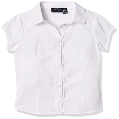 Nautica Girls School Uniform Short Sleeve Button Up Blouse, Ruffle Placket & Cap Shirt, White, 8-10 US