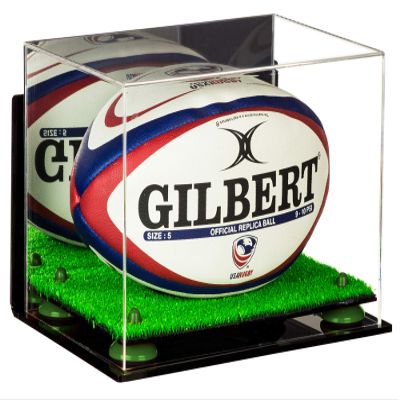 Better Display Cases Acrylic Rugby Ball Display Case with Mirror, Wall Mount, Green Risers and Turf Base (A004-GRR)