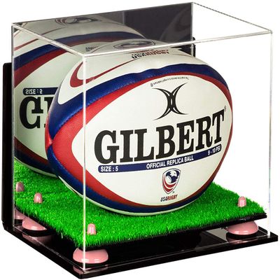 Better Display Cases Acrylic Rugby Ball Display Case with Mirror, Wall Mount, Pink Risers and Turf Base (A004-PNR)