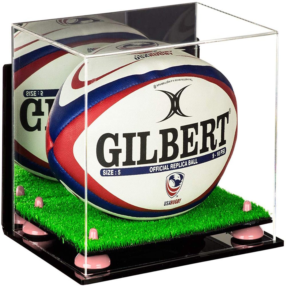 Better Display Cases Acrylic Rugby Ball Display Case with Mirror, Wall Mount, Pink Risers and Turf Base (A004-PNR)