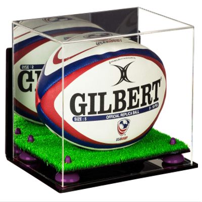 Better Display Cases Acrylic Rugby Ball Display Case with Mirror, Wall Mount, Purple Risers and Turf Base (A004-PR)