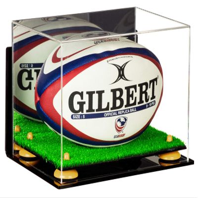 Better Display Cases Acrylic Rugby Ball Display Case with Mirror, Wall Mount, Yellow Risers and Turf Base (A004-YR)