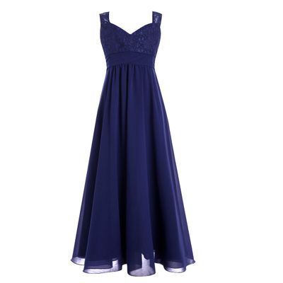Aislor Kids Big Girls Flutter Sleeve Ruffle Chiffon Flower Girl Dress Wedding Bridesmaid Long Ball Gowns Navy Blue Lace 10 Years