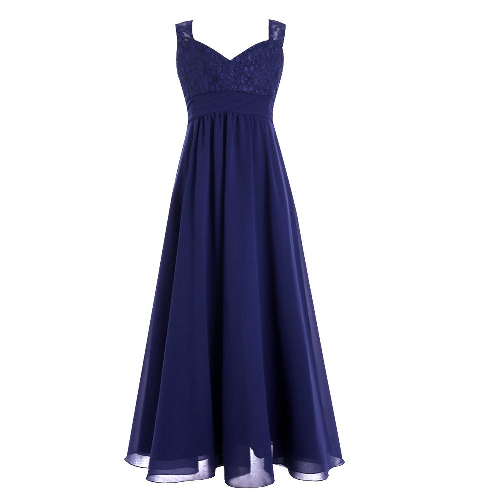 Aislor Kids Big Girls Flutter Sleeve Ruffle Chiffon Flower Girl Dress Wedding Bridesmaid Long Ball Gowns Navy Blue Lace 10 Years
