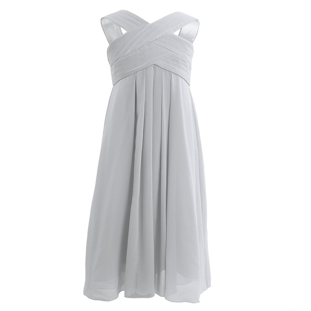 Aislor Kids Big Girls Flutter Sleeve Ruffle Chiffon Flower Girl Dress Wedding Bridesmaid Long Ball Gowns Gray Criss Cross 8 Years
