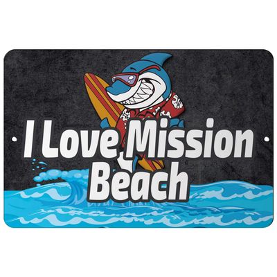 Makoroni - I Love Mission Beach Surf Surfing Beach 12x18 inc Aluminum Decorative Wall Street Sign