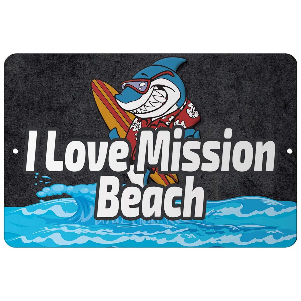 Makoroni - I Love Mission Beach Surf Surfing Beach 12x18 inc Aluminum Decorative Wall Street Sign