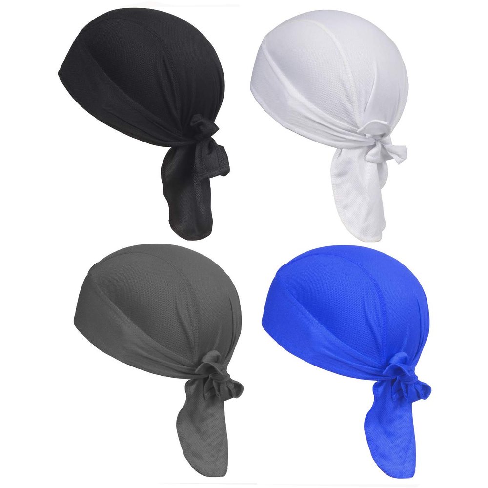 4 Pack Dew Rags Sweat Wicking Doo Cap, Cooling Helmet Liners, Sport Absorptive Moisture Pirate Scarf Bandana Skull Wrap Caps, Cycling Motorcycle Quick Drying Beanie Chemo Caps