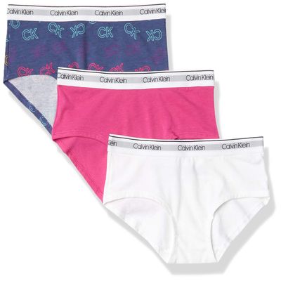 Calvin Klein Girls' Modern Cotton Hipster Underwear 3-Pack, Very Berry/White/Ck Logo, Medium