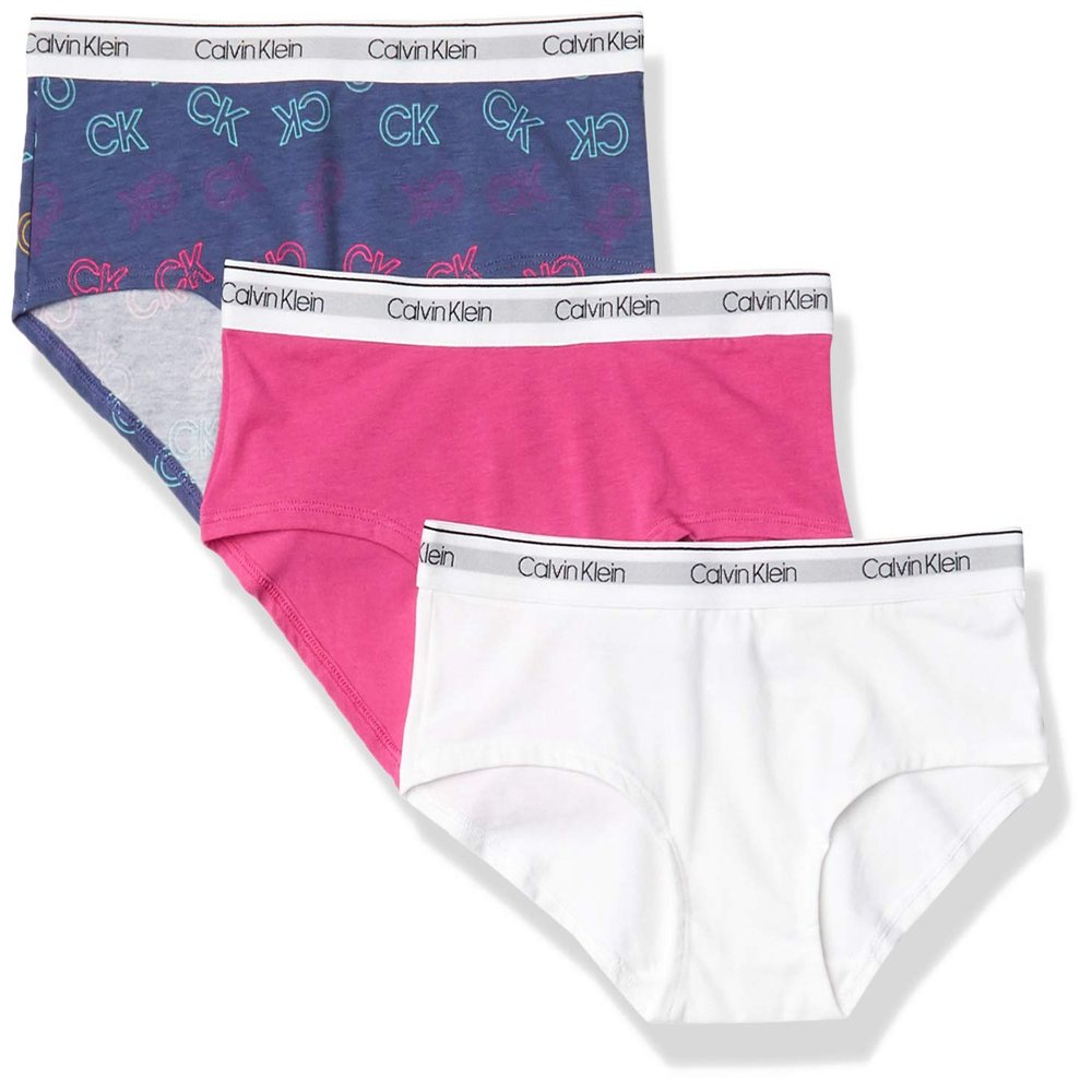 Calvin Klein Girls' Modern Cotton Hipster Underwear 3-Pack, Very Berry/White/Ck Logo, Medium