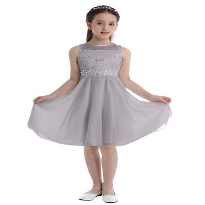 Hularka Kids Girls Sequined Floral Lace Flower Girl Dress Sleeveless Wedding Party Dress Pageant Proms Ball Gown Gray 6