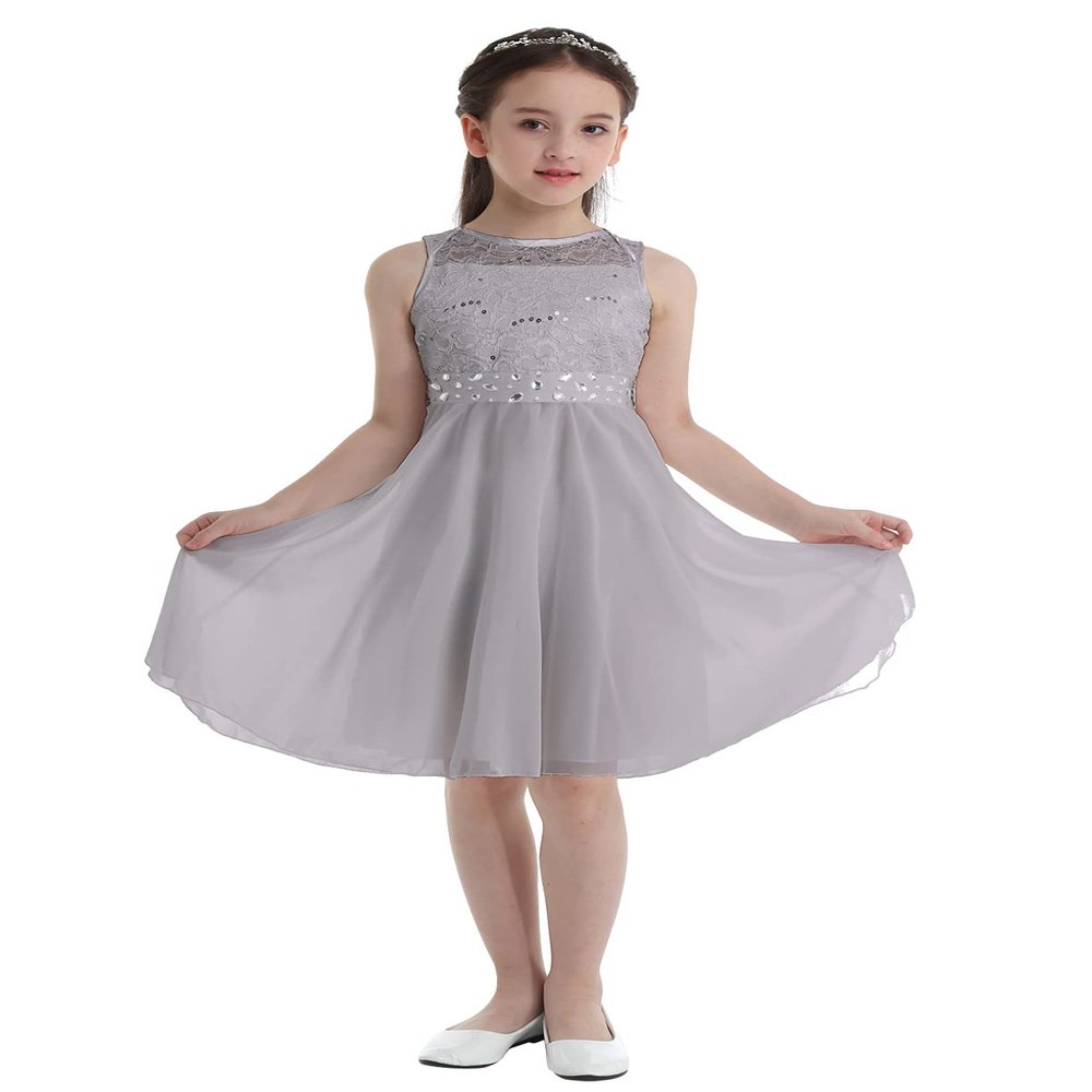 Hularka Kids Girls Sequined Floral Lace Flower Girl Dress Sleeveless Wedding Party Dress Pageant Proms Ball Gown Gray 6