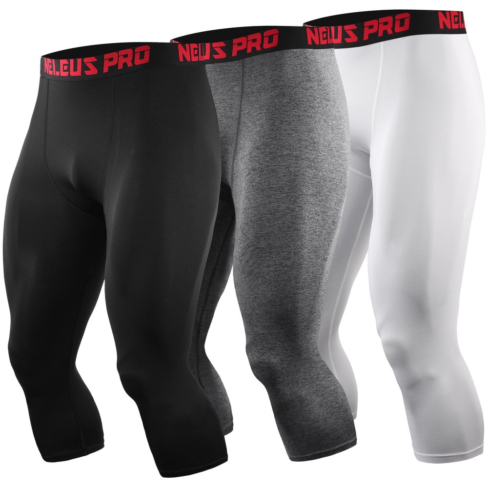 NELEUS Men's 3 Pack Running Capri Leggings Athletic Compression Short,6057,Black,Grey,White,M