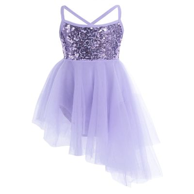 dPois Kids Girls' Sequined Chiffon Criss Cross Back Lyrical Ballet Dance Tutu Dress Stage Performance Dancing Costumes Purple 4-5