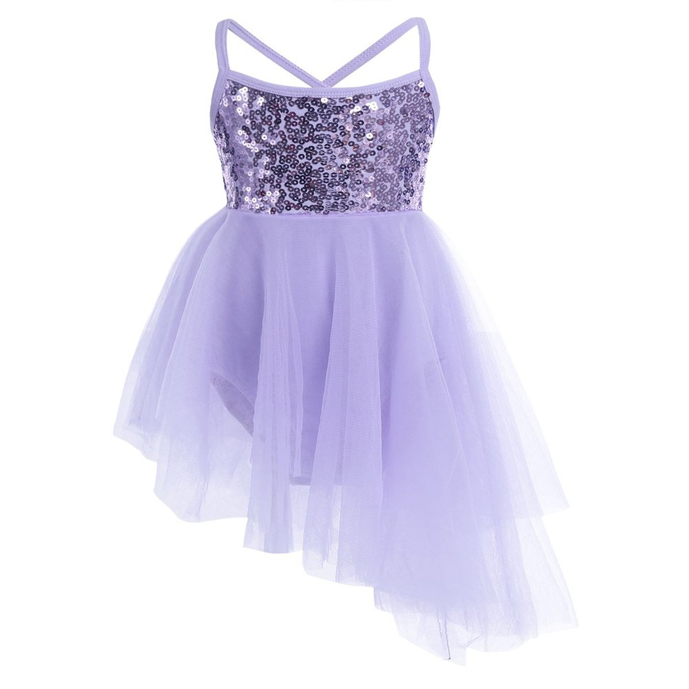 dPois Kids Girls' Sequined Chiffon Criss Cross Back Lyrical Ballet Dance Tutu Dress Stage Performance Dancing Costumes Purple 4-5