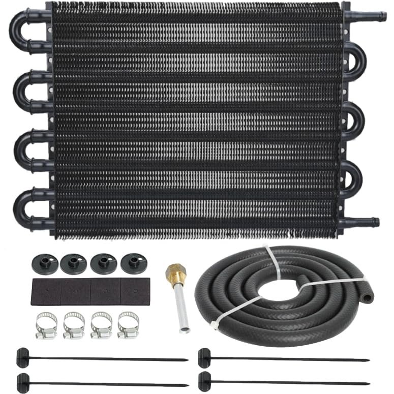 American Volt Universal 8 Pass Aluminum Engine Transmission Oil Cooler 6AN Size Fittings 3/8" Inch Hose Line End Heavy Duty High Performance Truck Trailer Towing Kit