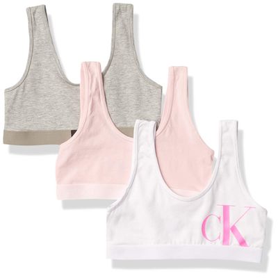 Calvin Klein Kids Girls' Modern Cotton Bralette 3-Pack, Crystal Pink/Heather Grey/White, X-Large