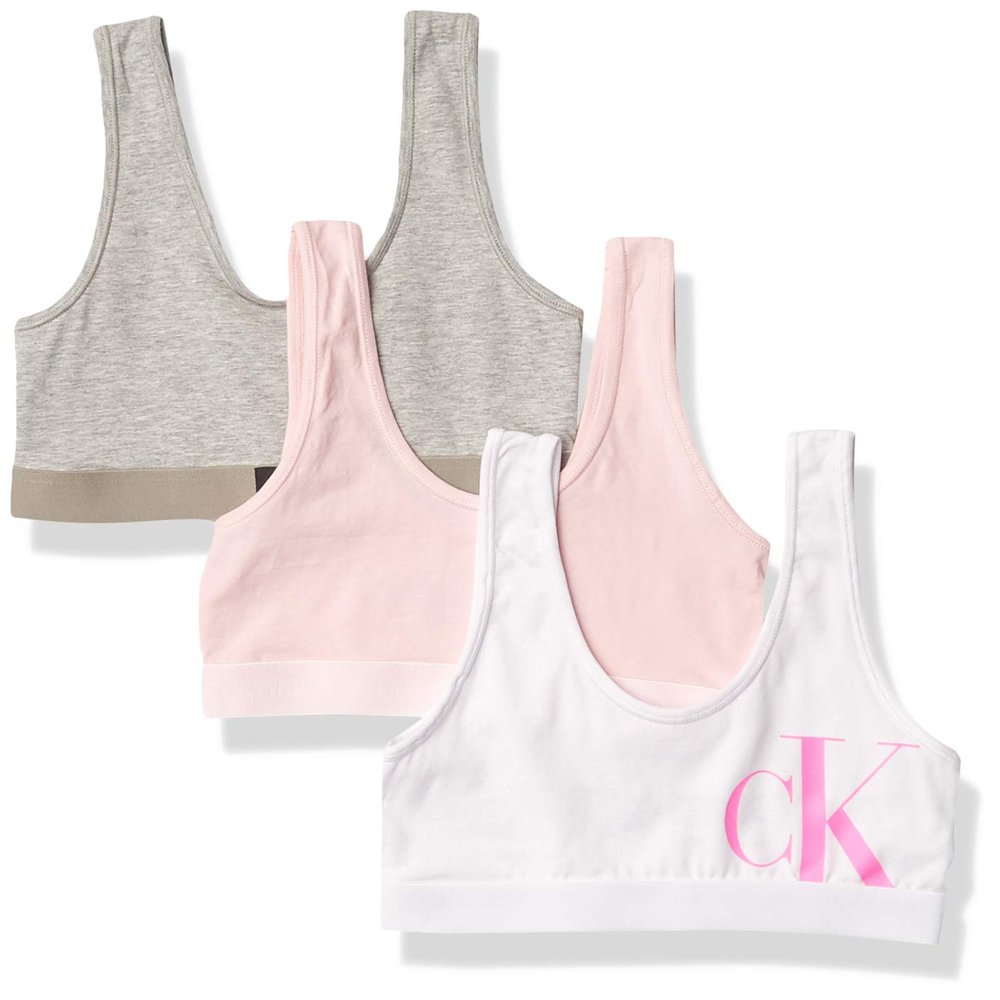 Calvin Klein Kids Girls' Modern Cotton Bralette 3-Pack, Crystal Pink/Heather Grey/White, X-Large