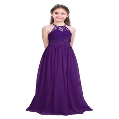 Hularka Kids Girls Halter Neck Princess Flower Girl Dress Floral Lace Chiffon Wedding Bridesmaid Dress Proms Maxi Gown Deep Purple 10