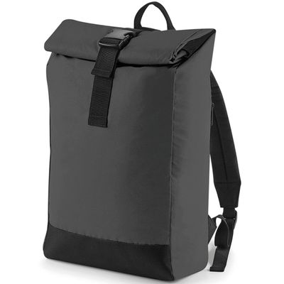 BagBase Reflective Roll-Top Backpack BG138 - Unisex Polycotton Travel Rucksack - Black Reflective