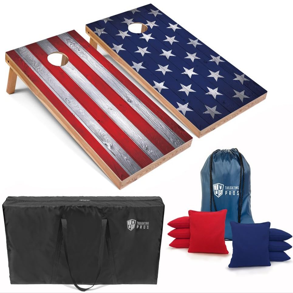 Tailgating Pros Regulation Cornhole Boards Flag Set - Includes 8 Bean Bags, Carrying Cases, and 4'x2' Corn Hole Toss Game