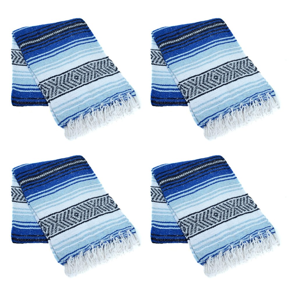 La Montana Mexican Blankets and Throws, 4 Pk, 74"x50" - Made in Mexico, Lightweight Yoga Blanket for Schools, Studios, Outdoors, Camping, Picnic, Decor - Machine Washable, Cobalt Blue/Light Blue/White