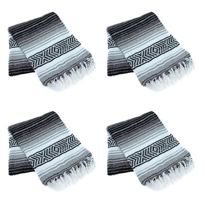 La Montana Mexican Blankets and Throws, 4 Pack, 74"x50" - Made in Mexico, Lightweight Yoga Blanket for Schools, Studios, Outdoors, Camping, Picnic, Decor - Machine Washable, Charcoal/Silver/White