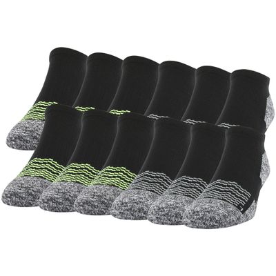 Gildan Men's Active Strategic Cushion No Show Socks, Multipairs, Black/Acid (12-Pairs), Shoe Size: 6-12