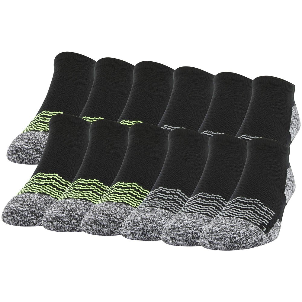 Gildan Men's Active Strategic Cushion No Show Socks, Multipairs, Black/Acid (12-Pairs), Shoe Size: 6-12