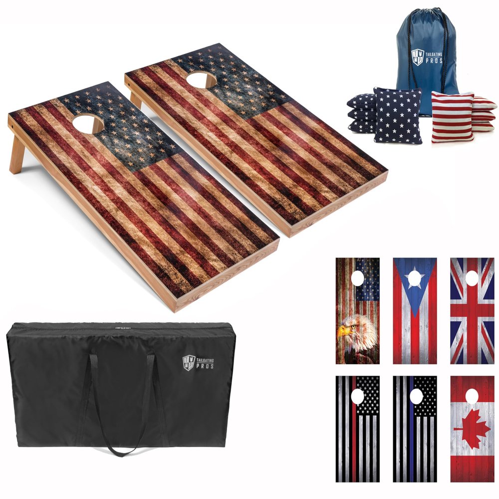 Tailgating Pros Regulation Cornhole Boards Flag Set - Includes 8 Bean Bags, Carrying Cases, and 4'x2' Corn Hole Toss Game