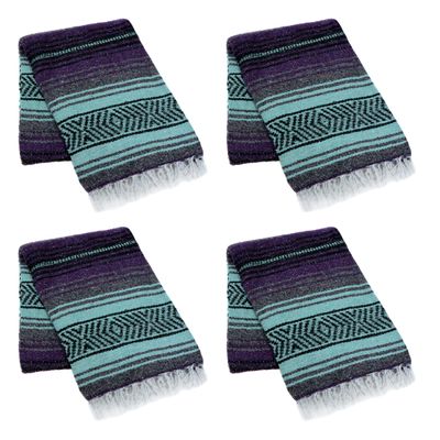 La Montana Mexican Blankets and Throws, 4 Pk, 74"x50", Made in Mexico, Lightweight Yoga Blanket for Schools, Studios, Outdoors, Camping, Picnic, Decor-Machine Washable, Dark Purple/Mint Green/Charcoal