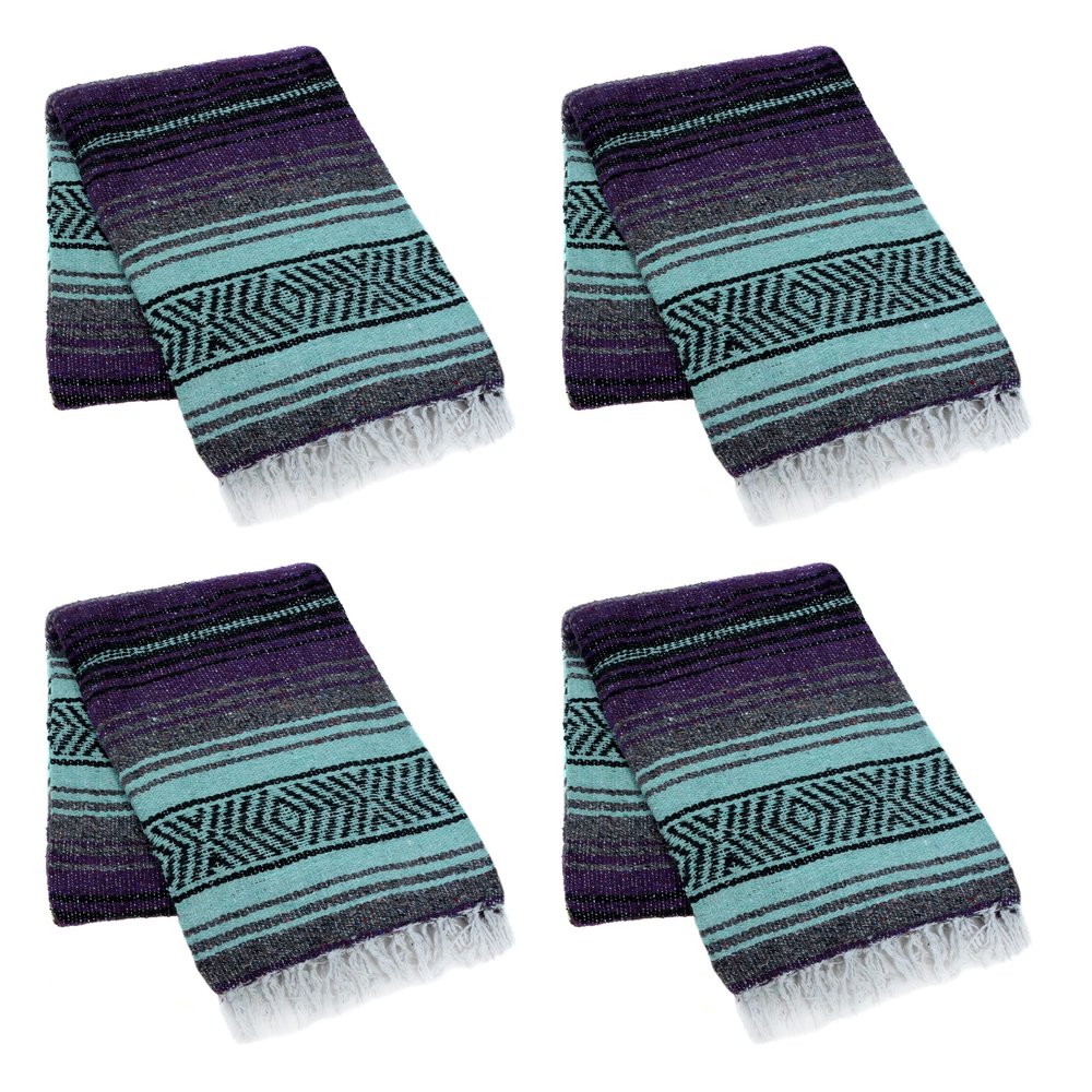 La Montana Mexican Blankets and Throws, 4 Pk, 74"x50", Made in Mexico, Lightweight Yoga Blanket for Schools, Studios, Outdoors, Camping, Picnic, Decor-Machine Washable, Dark Purple/Mint Green/Charcoal