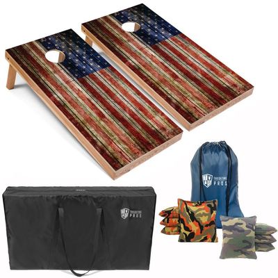 Tailgating Pros American Flag Wooden Plank Design Cornhole Board Set w/Bean Bags and Carrying Case - 4'x2' Corn Hole Toss Game