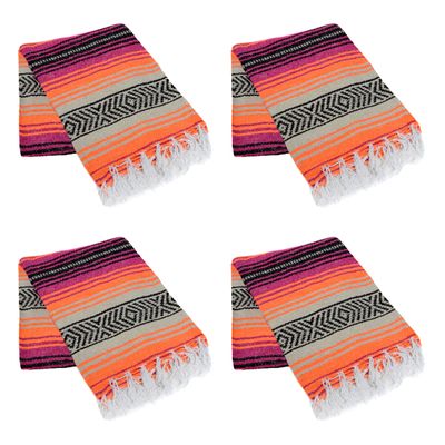 La Montana Mexican Blankets and Throws, 4 Pack, 74"x50" - Made in Mexico, Lightweight Yoga Blanket for Schools, Studios, Outdoors, Camping, Picnic, Decor - Machine Washable, Hot Pink/Orange/Tan