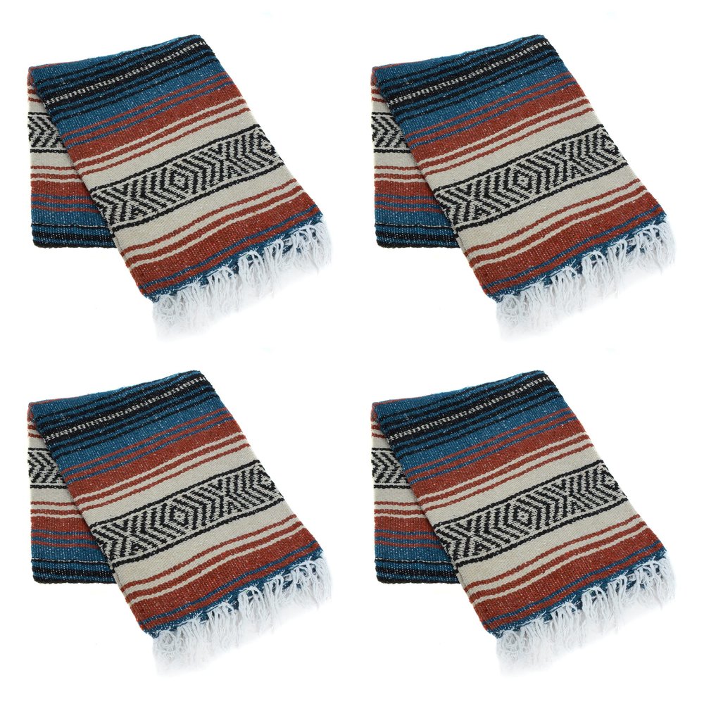 La Montana Mexican Blankets and Throws, 4 Pack, 74"x50" - Made in Mexico, Lightweight Yoga Blanket for Schools, Studios, Outdoors, Camping, Picnic, Decor - Machine Washable, Terracotta/Teal/Tan