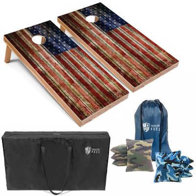 Tailgating Pros American Flag Wooden Plank Design Cornhole Board Set w/Bean Bags and Carrying Case - 4'x2' Corn Hole Toss Game