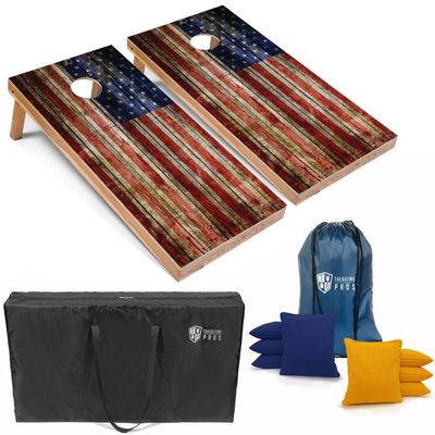 Tailgating Pros American Flag Wooden Plank Design Cornhole Board Set w/Bean Bags and Carrying Case - 4'x2' Corn Hole Toss Game