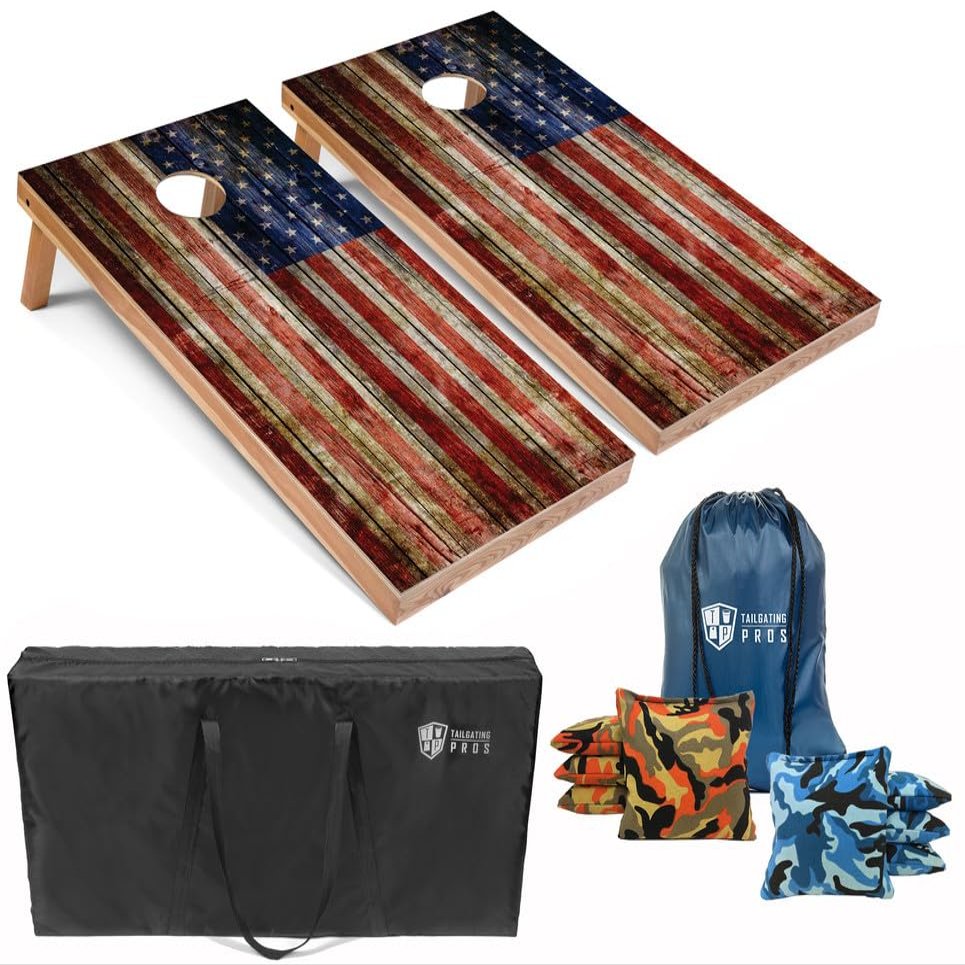 Tailgating Pros American Flag Wooden Plank Design Cornhole Board Set w/Bean Bags and Carrying Case - 4'x2' Corn Hole Toss Game