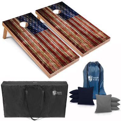 Tailgating Pros American Flag Wooden Plank Design Cornhole Board Set w/Bean Bags and Carrying Case - 4'x2' Corn Hole Toss Game
