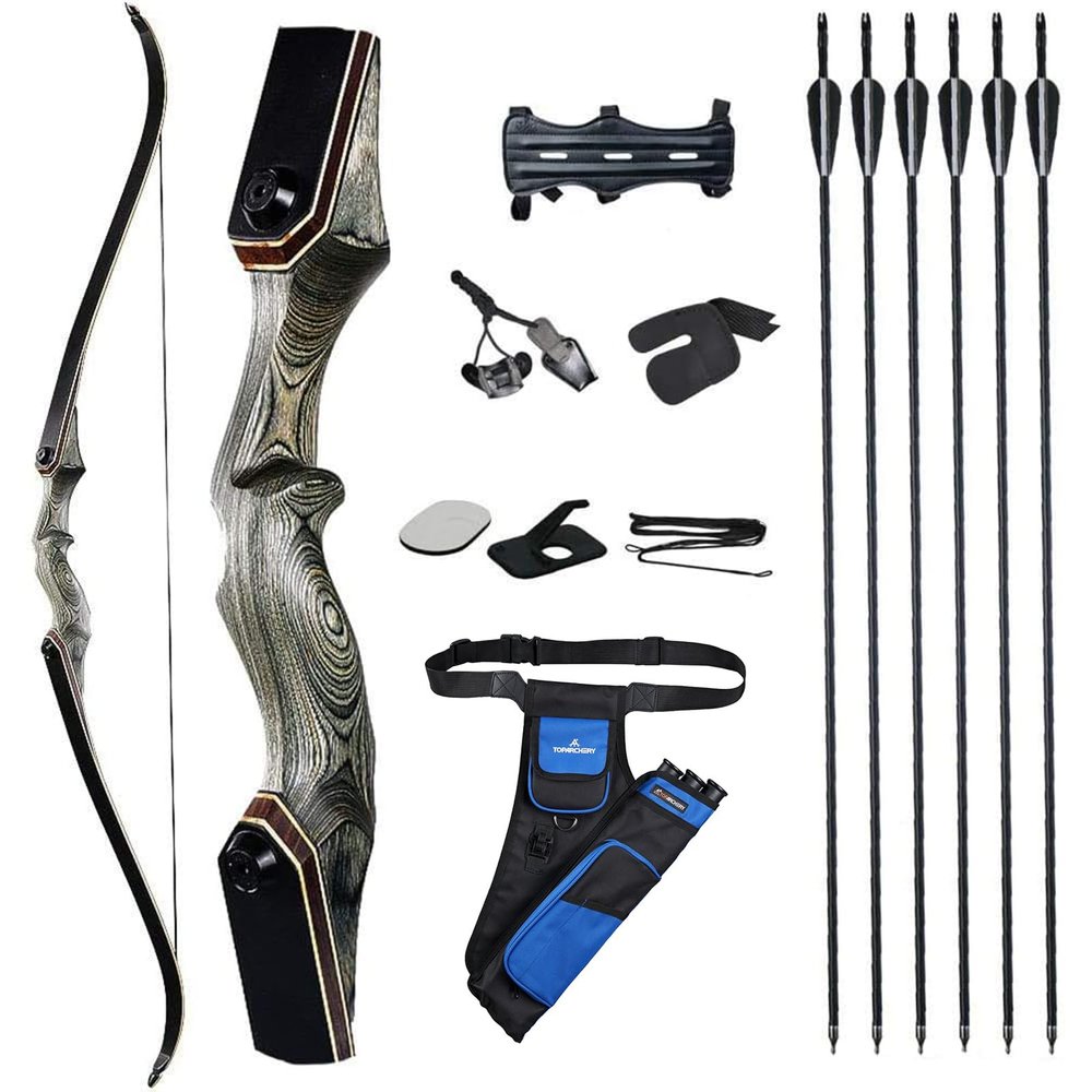 60'' Archery Recurve Bow Takedown Bow Hunting Bow and Arrow Set Adult Target Practice Competition Survival Longbow Right Hand 30-50lbs with 6pcs Fiberglass Arrows (40lbs)