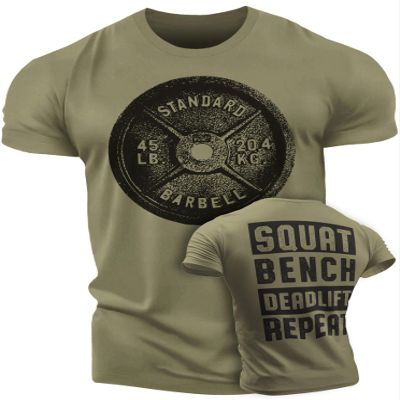Happy Hour T-Shirt for Men Workout Weightlifting Funny Gym Tshirt (Large, 002. Squat Bench Deadlift Workout T-Shirt Military Green)