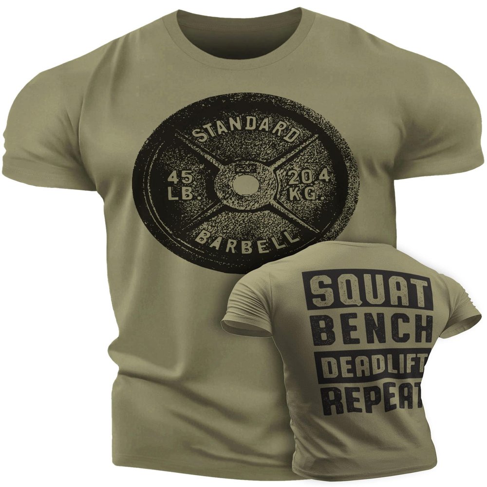 Happy Hour T-Shirt for Men Workout Weightlifting Funny Gym Tshirt (Large, 002. Squat Bench Deadlift Workout T-Shirt Military Green)