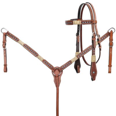 Showman Rawhide Braided Basketweave Tooled Headstall & Breast Collar Set w/Turquoise Studs