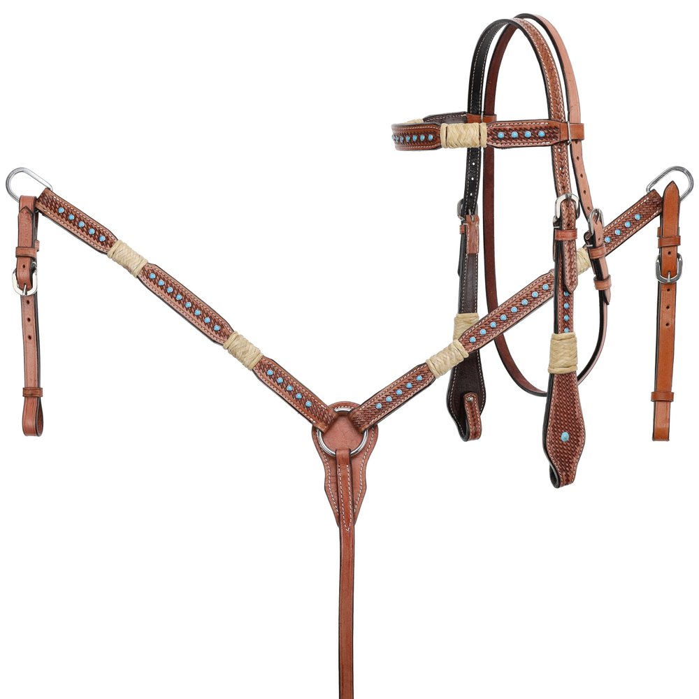 Showman Rawhide Braided Basketweave Tooled Headstall & Breast Collar Set w/Turquoise Studs