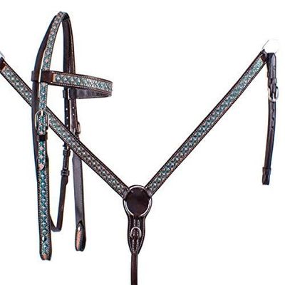Showman Hand Painted Turquoise Floral Leather Browband Headstall & Breast Collar Set w/Reins