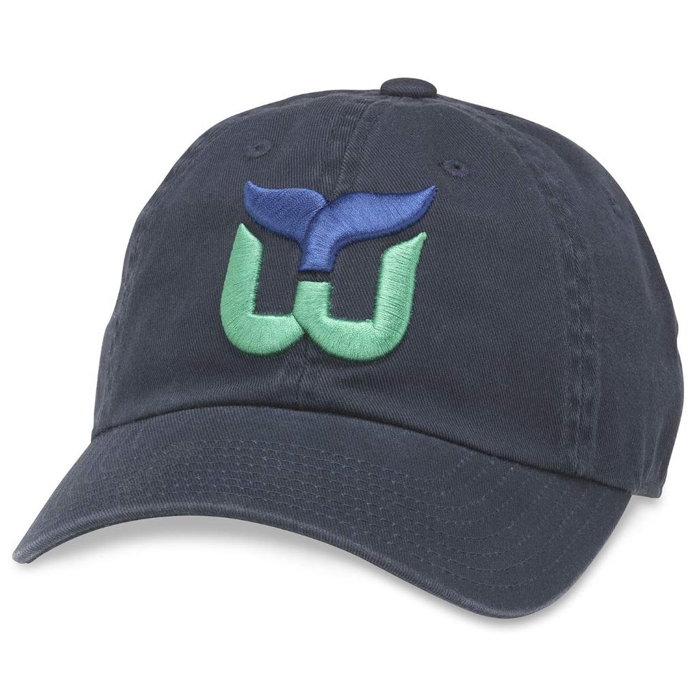 AMERICAN NEEDLE Hartford Whalers Unisex Blue Line Officially Licensed NHL National Hockey League Team Baseball Hat Adjustable Buckle Strap Dad Cap (40742B-HAW-NAVY)