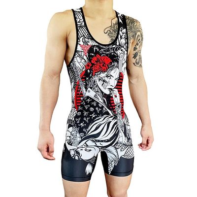 TRI-TITANS Skull Geisha Wrestling Singlet - MMA and Powerlifting - Boys and Men (Adult X-Large)