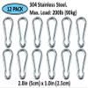 Branded Boards Heavy Duty Bushcraft Stainless Steel Carabiner Spring Snap Clip Link Hooks. 200-500lb Load. 2, 6 & 12 Packs (5cm-12-pack) view 2