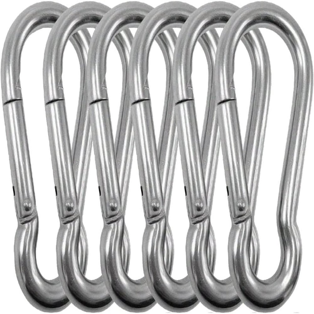 Branded Boards Heavy Duty Bushcraft Stainless Steel Carabiner Spring Snap Clip Link Hooks. 200-500lb Load. 2, 6 & 12 Packs (7cm-6-pack)